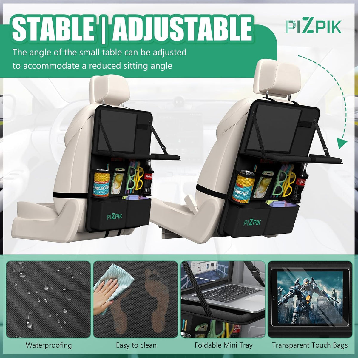 Plzpik Car Backseat Organizer with Tablet Holder,11 Storage Pockets with Foldable Food Tray, Protector Kick Mats for Kids, Travel Accessories Organizer (Black, 2Pack)