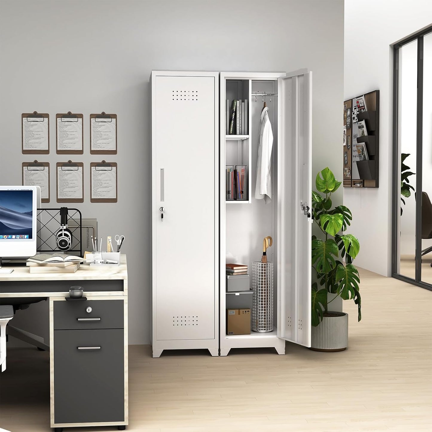 LUCYPAL Broom Closet Storage Cabinet,65" H Metal Cleaning Tool Cabinets with Hooks and Hanging Rods,Slim Utility Closet Cabinet for Garage,Utility Room,Gym,Mops,Kitchen,White