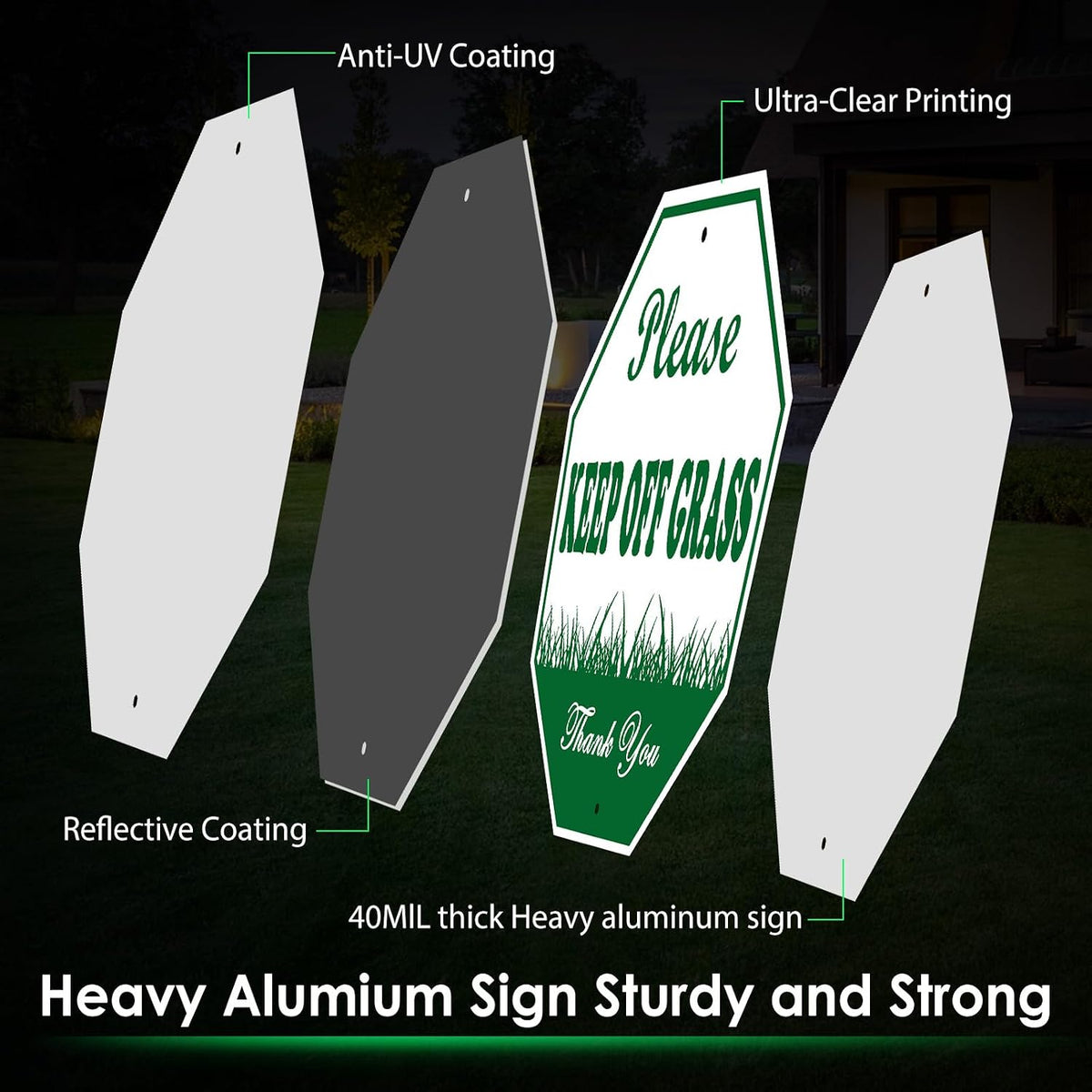 Keep Off Grass Sign 2 Pack, Please Be Respectful, 10" x 10" Rust Free Reflective Aluminum Metal Sign, With 28" Long Metal Stake, Fade Resistant, Waterproof, Easy to Mount, For Outdoor Yard