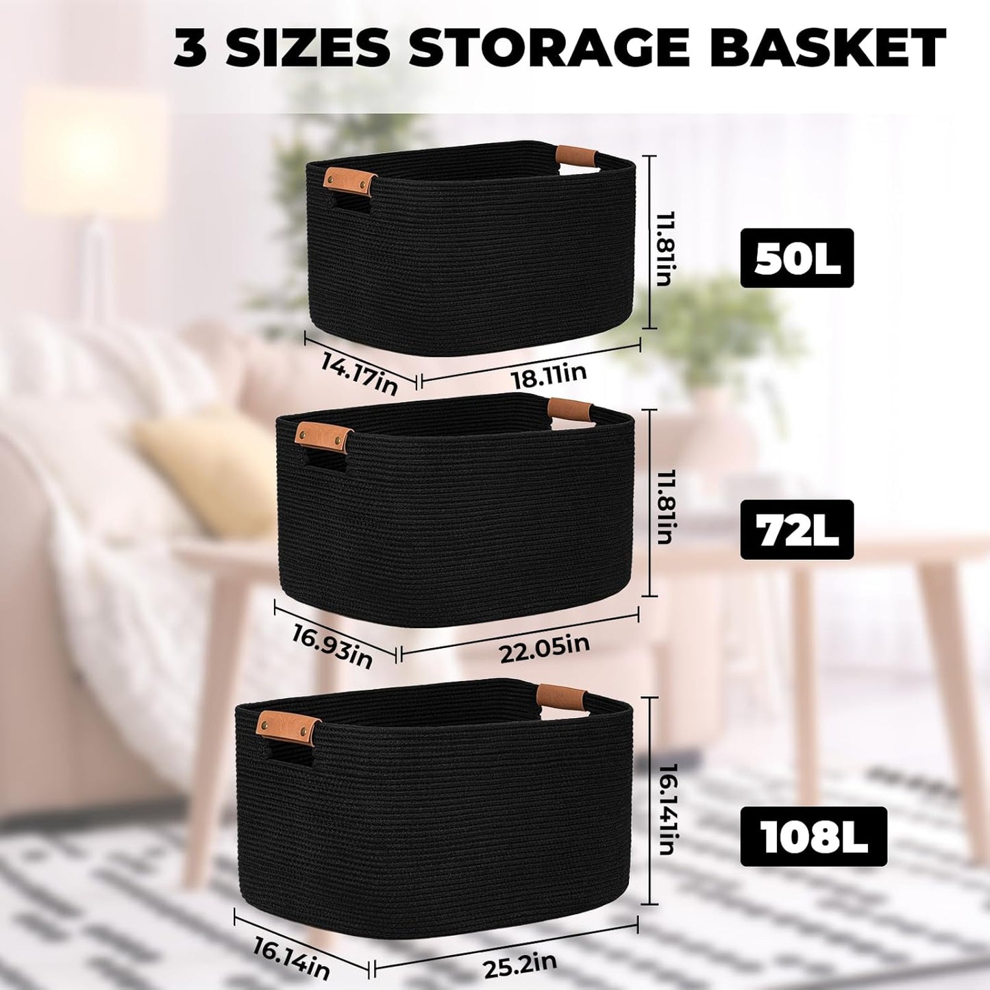 danpinera Large Woven Basket, 108 L Blanket Basket for Living Room, Nursery Bin for Toys Organizing & Laundry, Cotton Rope Hamper with Leather Handle, 25’’*16’’*16’’ Black
