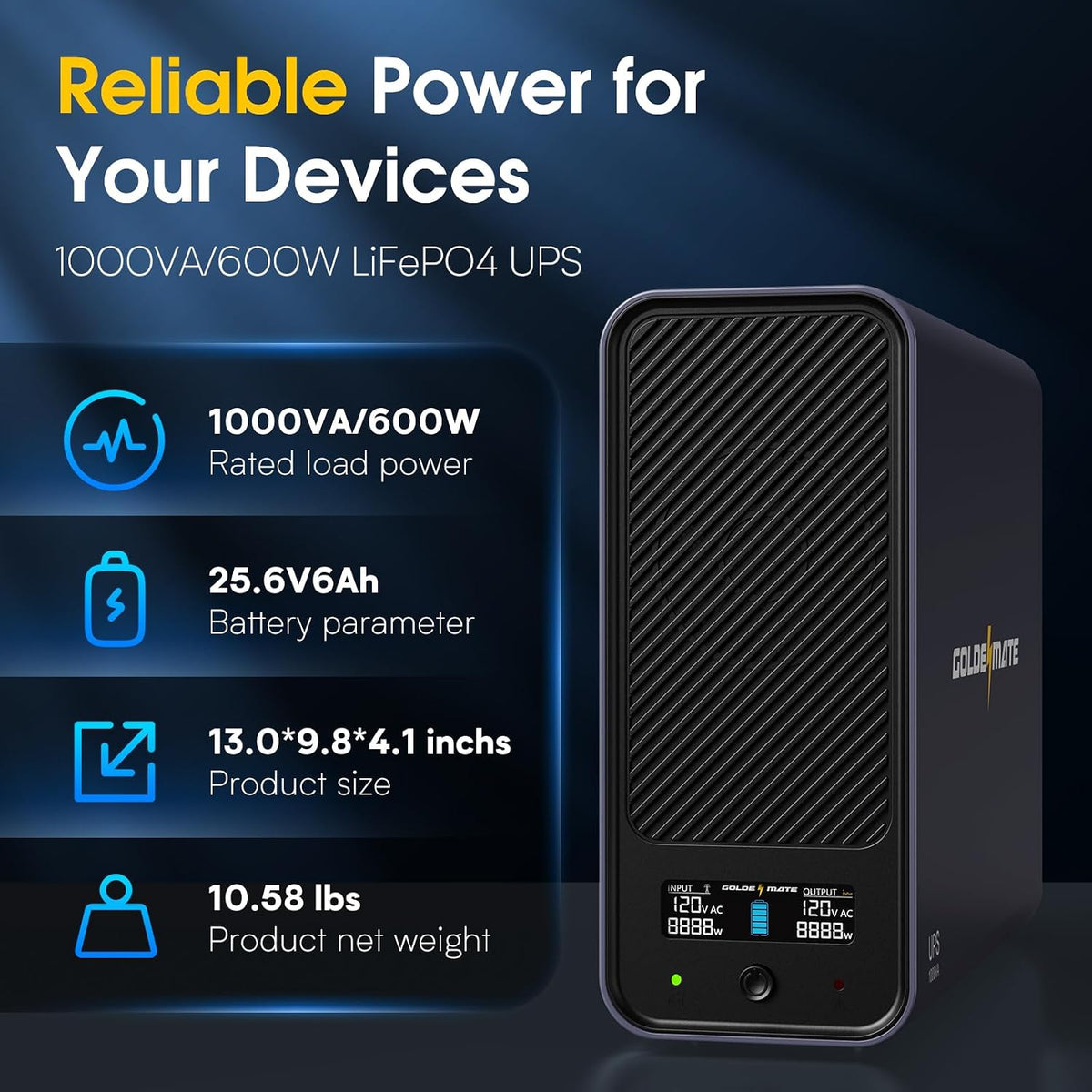 GOLDENMATE 1000VA/600W Lithium UPS Battery Backup and Surge Protector, Sinewave UPS System with LiFePO4 Battery(153.6 Wh), 2025 Upgraded Pro Ver. with Communication Port, 8 Outlets, LCD Display, Gray