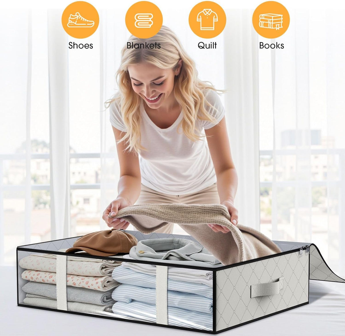 StorageRight Under Bed Storage Bags 3 Pack, 40L Large Clothes & Comforter Storage Containers with Clear Window, Breathable Fabric Organizer for Blankets, Bedding, Seasonal Clothing, White