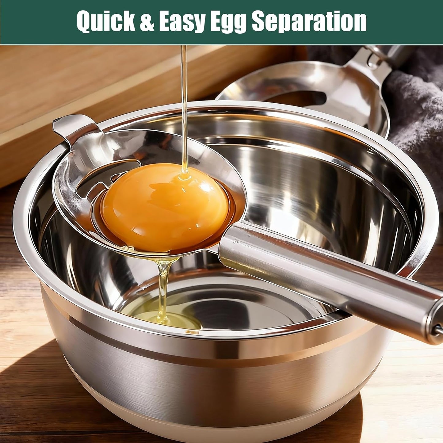 Stainless Steel Mixing Bowls Set with Lids & Silicone Base - 7-Piece Kitchen Gadgets Includes Colander, Grater, Egg Separator, Whisk - Nesting Bowls (1.5, 2, 2.5, 4.5 QT), Dishwasher Safe, Khaki