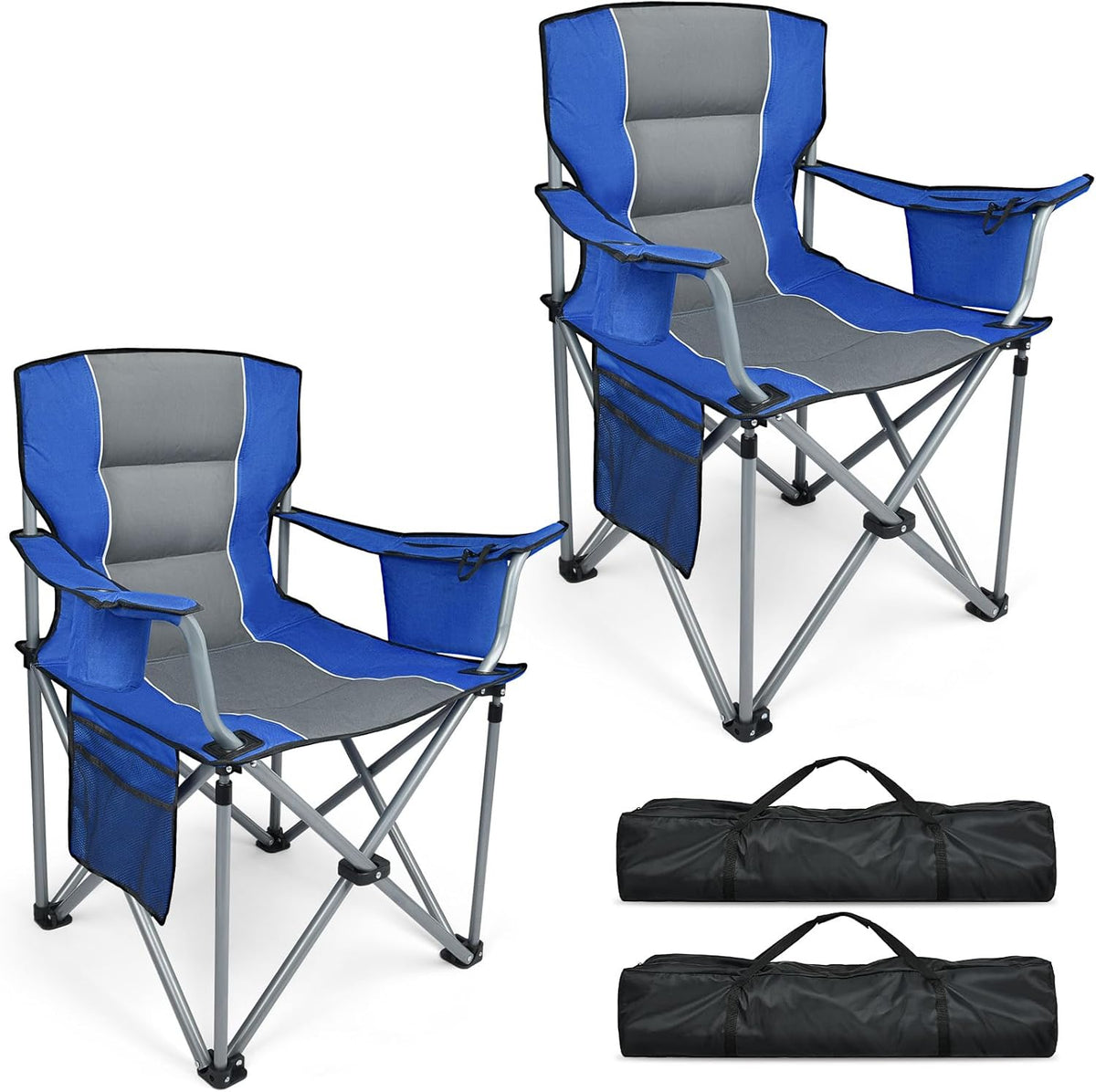 Camping Chairs, 2 Pack Oversized Heavy Duty Fully Padded Outdoor Folding Chairs with Cup Holder, Cooler Bag and Side Pocket, Support 400 LBS, Carry Bag Included, Versatile for Sports,Outdoors & Lawns