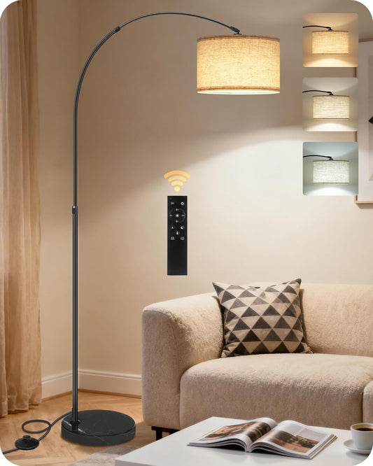75" Arc Floor Lamp with Marble Base and Adjustable Height, Rotating Hanging Shade, Dimmable Floor Lamp for Living Room with Remote and Foot Switch, 3CCT, Over Couch Arched Reading Light E15LD05