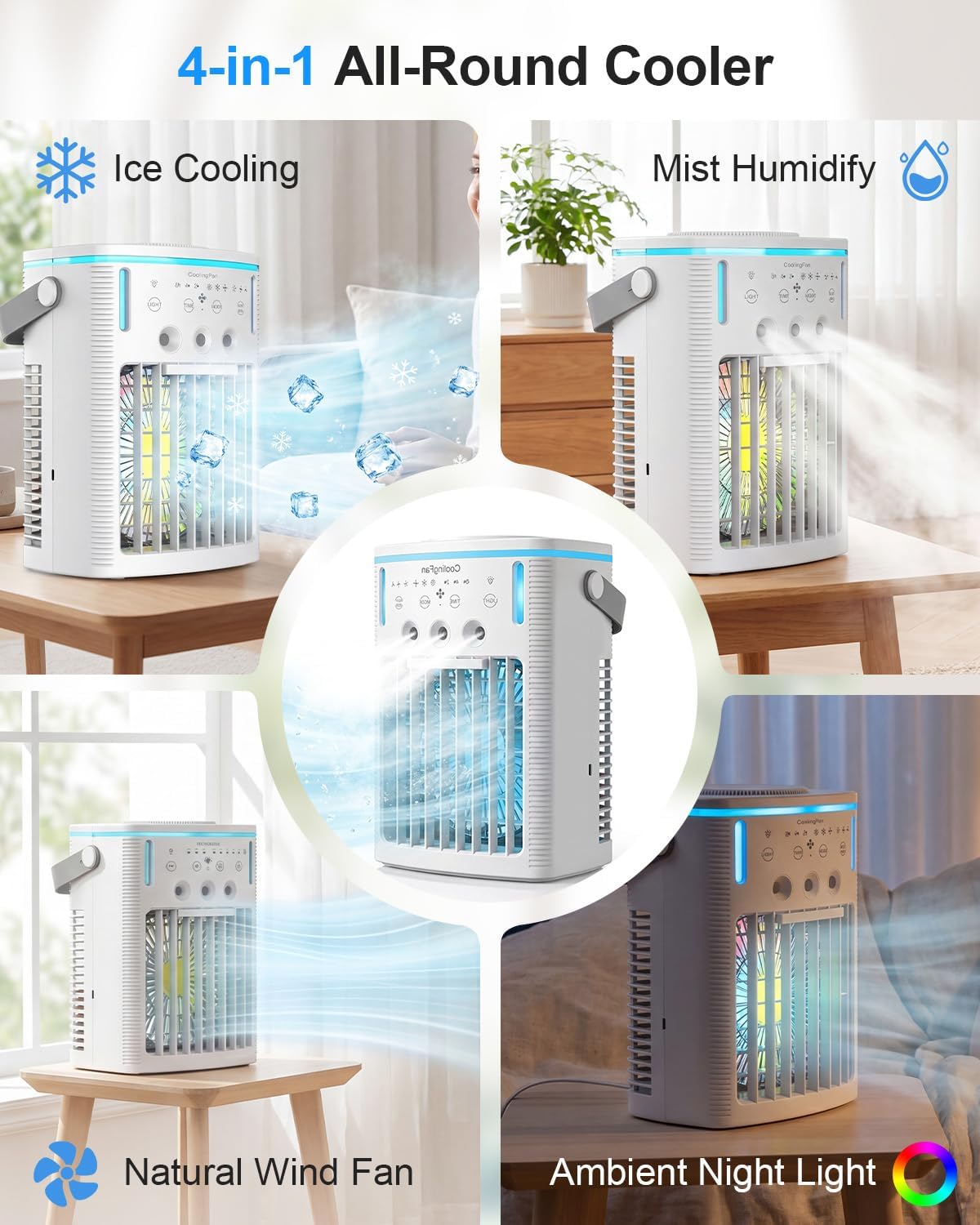 Portable Air Conditioners, Ultra-Quiet Mini AC Fan with 2-4-8H Timer, Remote Control, 3 Speed & Cool Mist, 3 Ultrasonic Nozzles, 7 Color Light, 1000ml Personal Evaporative Air Cooler for Office, Room