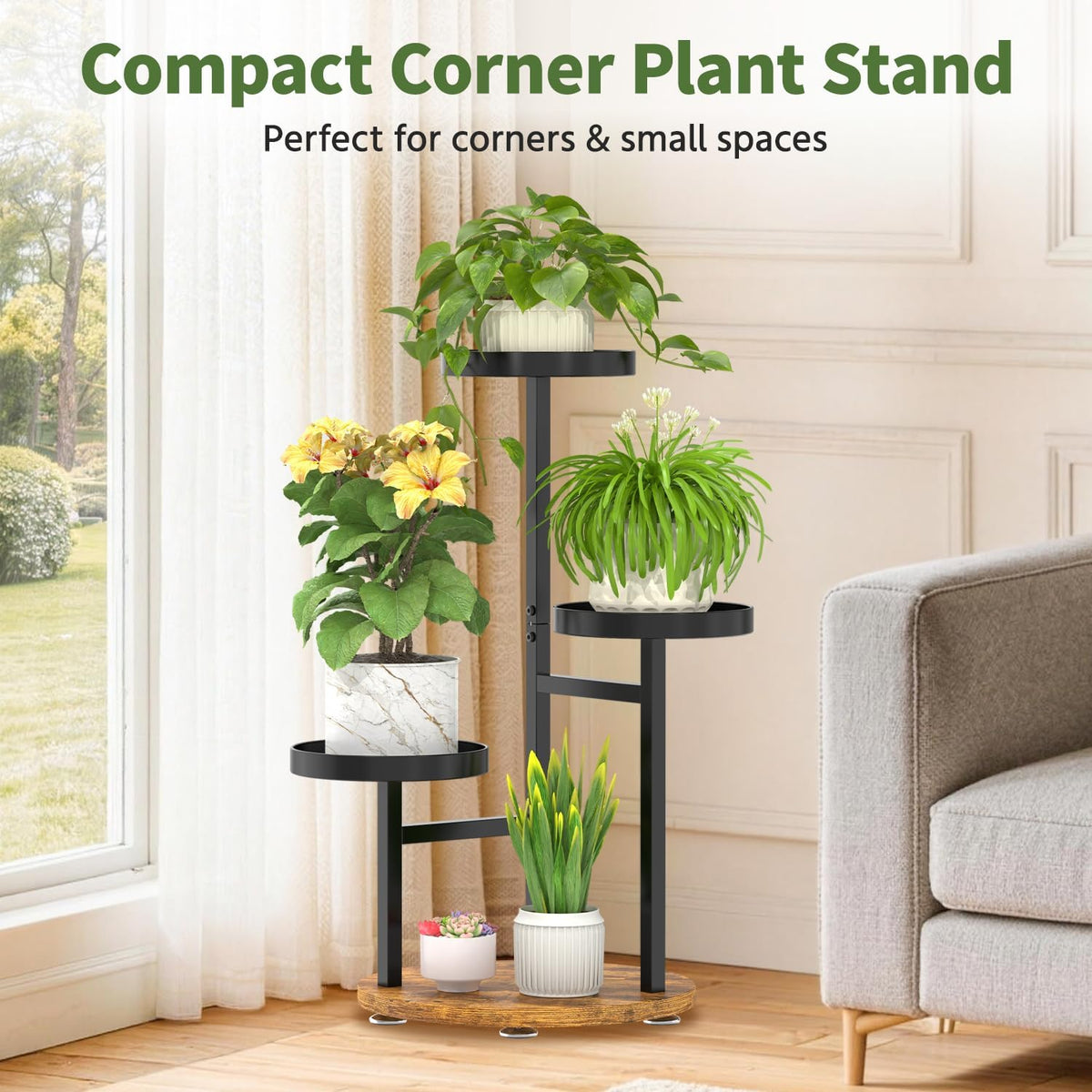 LASZOLA Corner Plant Stand Indoor Flower Shelf Tall, 3 Tiers Metal Black