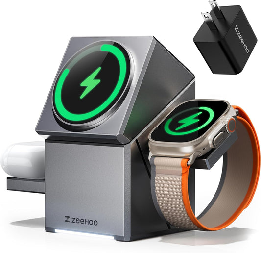 ZEEHOO 3 in 1 Charging Station for Apple, Mag-Safe for iPhone Charger, Certified Rotating Wireless Charger Stand for iPhone 17,16,15,14,13,12 Series, Apple Watch, AirPods (USB-C Charger Included)