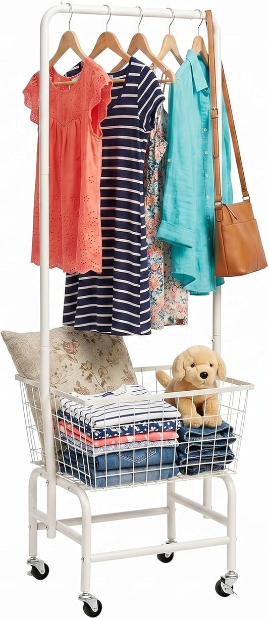 ALIMORDEN Laundry Cart with Clothes Rack, Rolling Laundry Butler with Wire Storage Rack，White