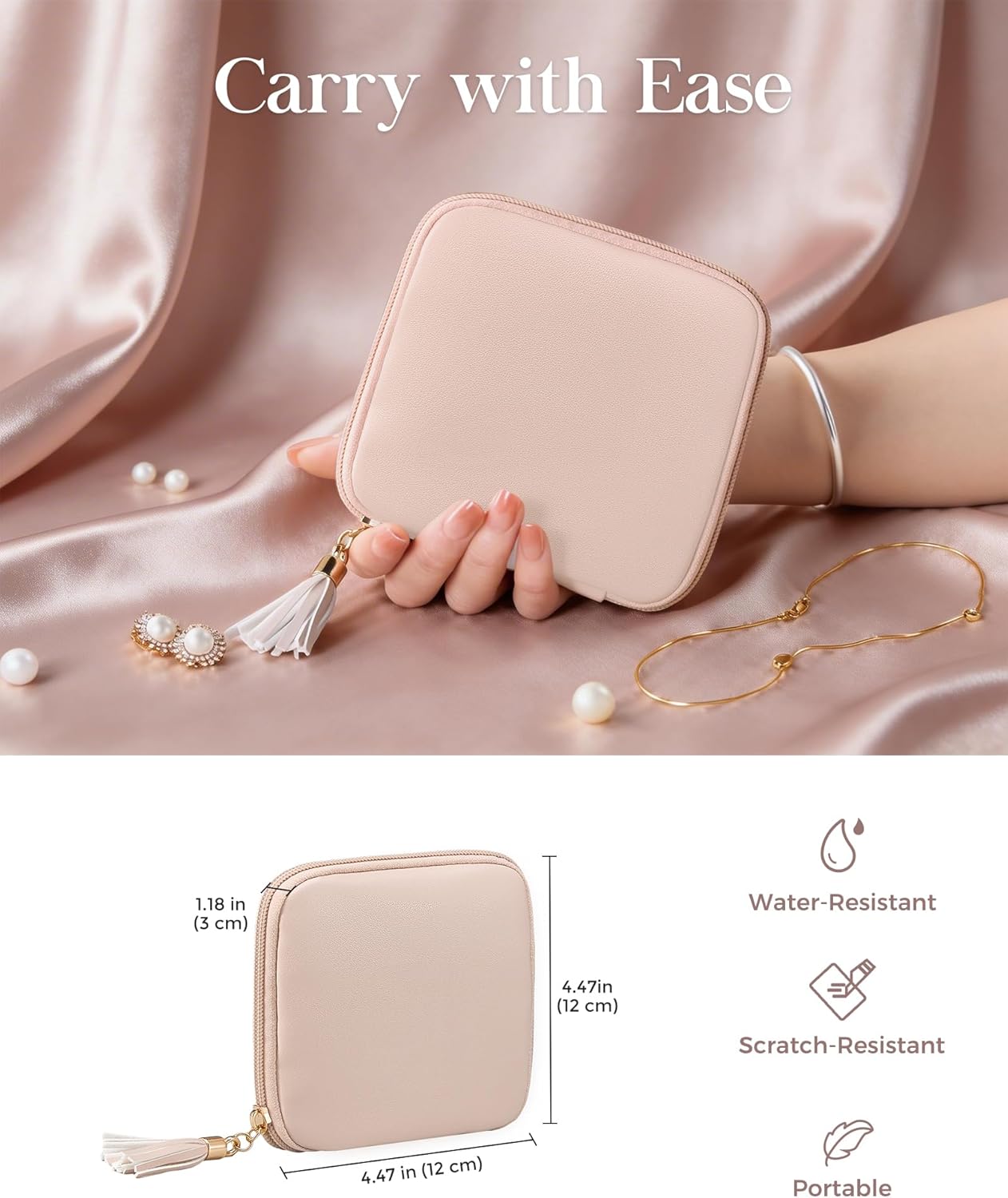 Lolalet Travel Jewelry Case Organizer, Small Jewellery Pouch with Compartments for Storage, Soft Velvet Bag for Traveling Women, Full-Zip Packing for Necklaces, Earrings, Bracelets -Apricotpink