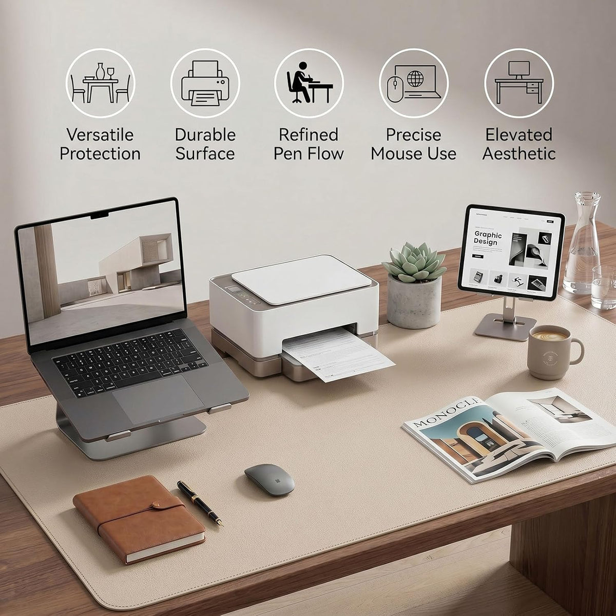 Large Desk Pad Non-Slip Desk Mat Protector for Keyboard Mouse Waterproof Vegan Leather Surface Faux Leather Laptop Mat Smooth Mouse Pad Premium Gift Tube Warm Beige 39" x 17"