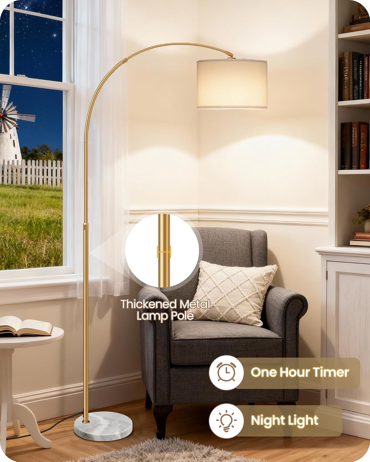 75" Arc Floor Lamp with Marble Base and Adjustable Height, Rotating Hanging Shade, Dimmable Floor Lamp for Living Room with Remote and Foot Switch, 3CCT, Over Couch Arched Light, White Gold DW15LD05