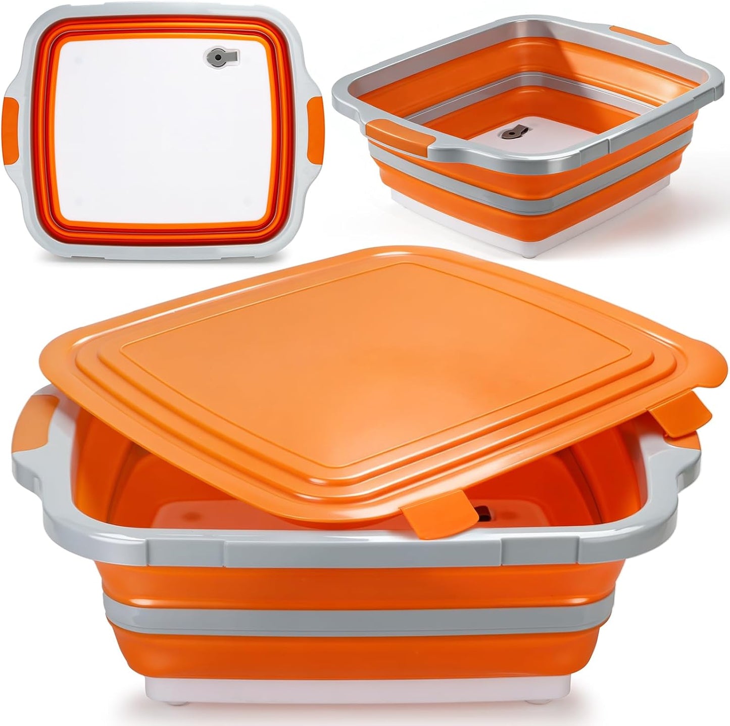 16L Collapsible BBQ Prep Tub with Locking Lid & Cutting Board - Marinade Container Grill Carry System for RV Picnic Tailgate - Portable Wash Basin for Kitchen Camping Sink - Gift for Men Women
