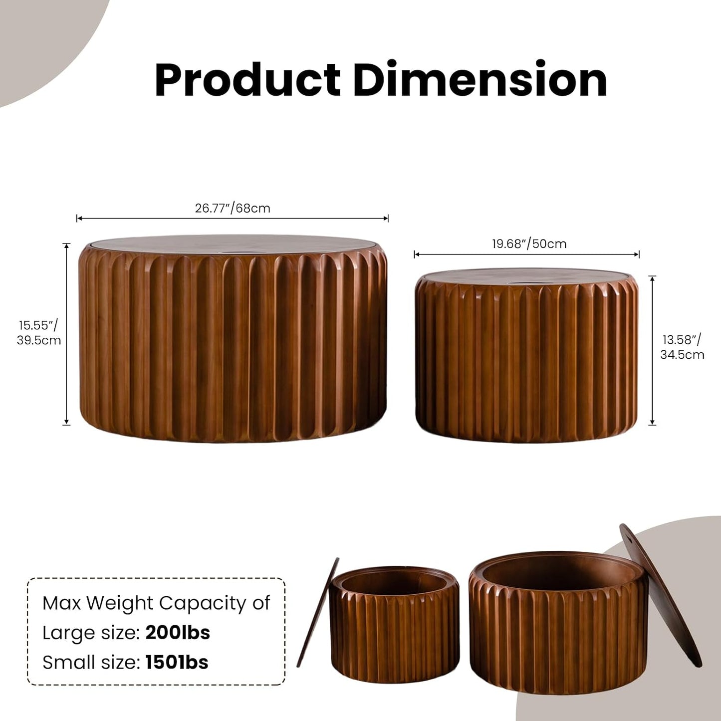 Round Nesting Coffee Table Set of 2 with Storage, No Assembly (Brown) | Wood Fluted Coffee Table Modern Drum Accent Tea Center Table Side End Table for Living Room, Bedroom, Small Space