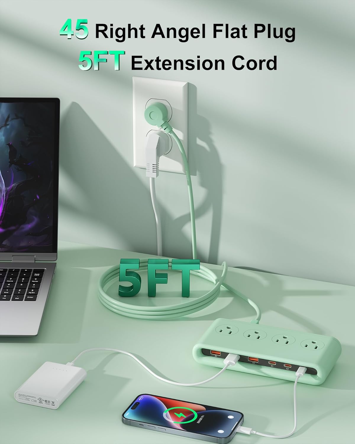 Power Strip with USB C 35W,10-in-1 Flat Plug Wall Charger - 5FT Extension Cord with 4AC, 3 USB A & 3 USB C - PD20W Charging Station for Multiple Devices - Travel Home Office (Green)