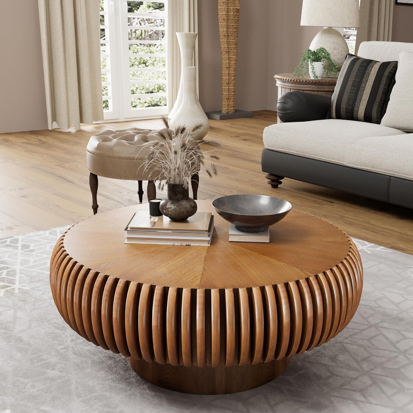 31" Brown Round Drum Wood Fluted Coffee Table (D, 1PC) | For Living Room, Wooden Grooves, Circle Pedestal Center Table, Farmhouse Modern Style, For Small Spaces, Easy Assembly