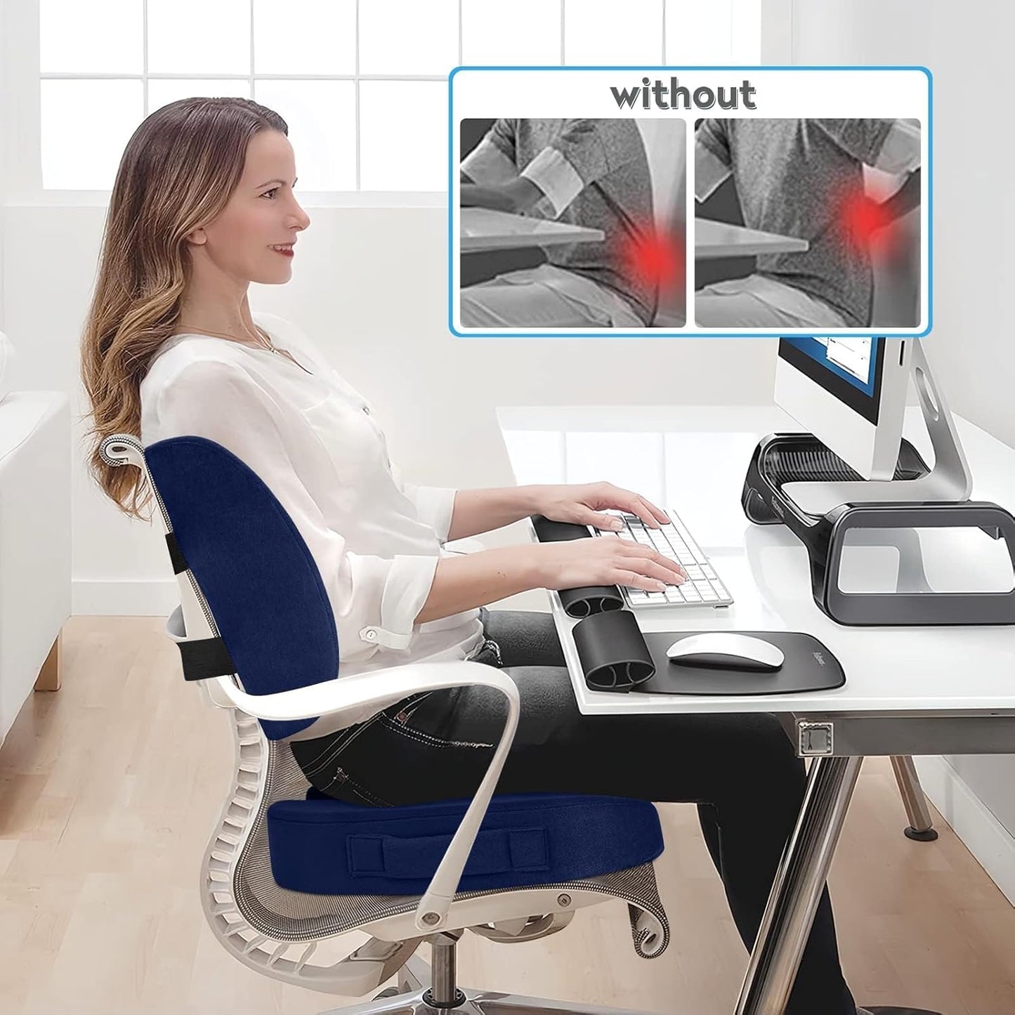 CloudBliss Lumbar Support Pillow & Seat Cushion Set for Office Chair, Desk Chair, Wheelchair & Car – Memory Foam Back Support, Ergonomic Chair Cushions, Sciatica Pain Relief, Home Essentials, Blue