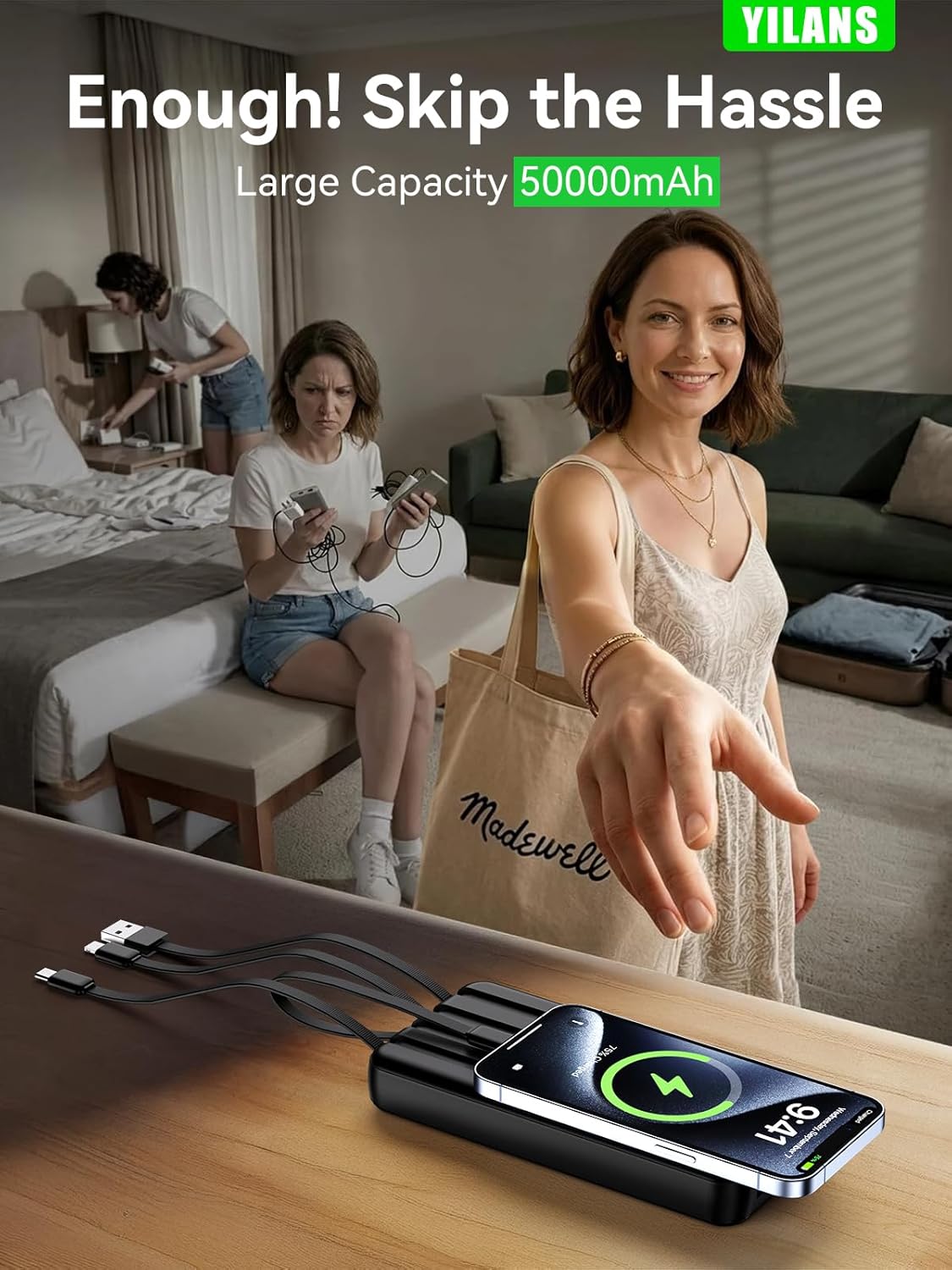 Portable Charger,50000mAh Power Bank Built-in Cable, 22.5W PD USB C In & Out Fast Charging, External Battery Pack with 6 Output & 2 Input, Travel Camping Essential for iPhone 17/16/15/14/13/12(Onyx)