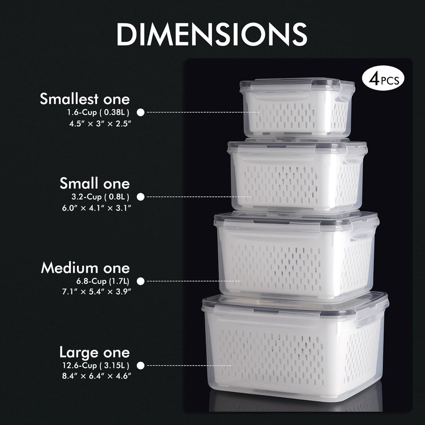 HOTEC 4-Pack Large Fruit Storage Container for Fridge Leak proof with Removable Colander, BPA Free Dishwasher & microwave safe Largest 3.15L