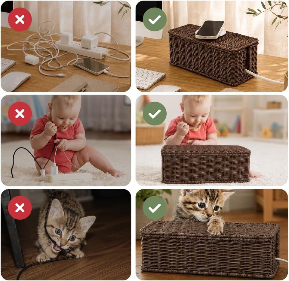 Cable Management Box, Handmade Rattan Cord Organizer for Power Strip | Open Slots Cord Hider for Power Strip, Router & USB Hub, Registered U.S. Design Patent
