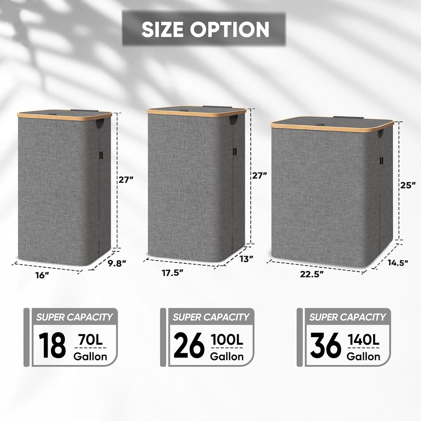 BALEINE Laundry Hamper with Lid, Tall Laundry Baskets with Bamboo Pull Handles, Large Laundry Bin with Internal Support (36 Gal/140L, Grey)