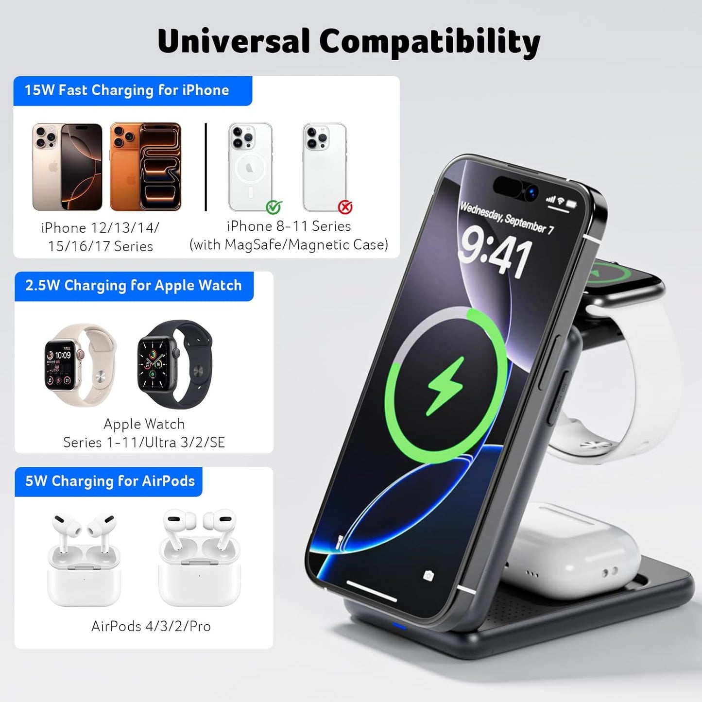 Acer 3 in 1 Charging Station for Apple Device, Magnetic Palm-Sized Foldable Fast Charger Stand Compatible with MagSafe for iPhone 17, Apple Watch & AirPods, Foldable Charging Dock for Desk S3