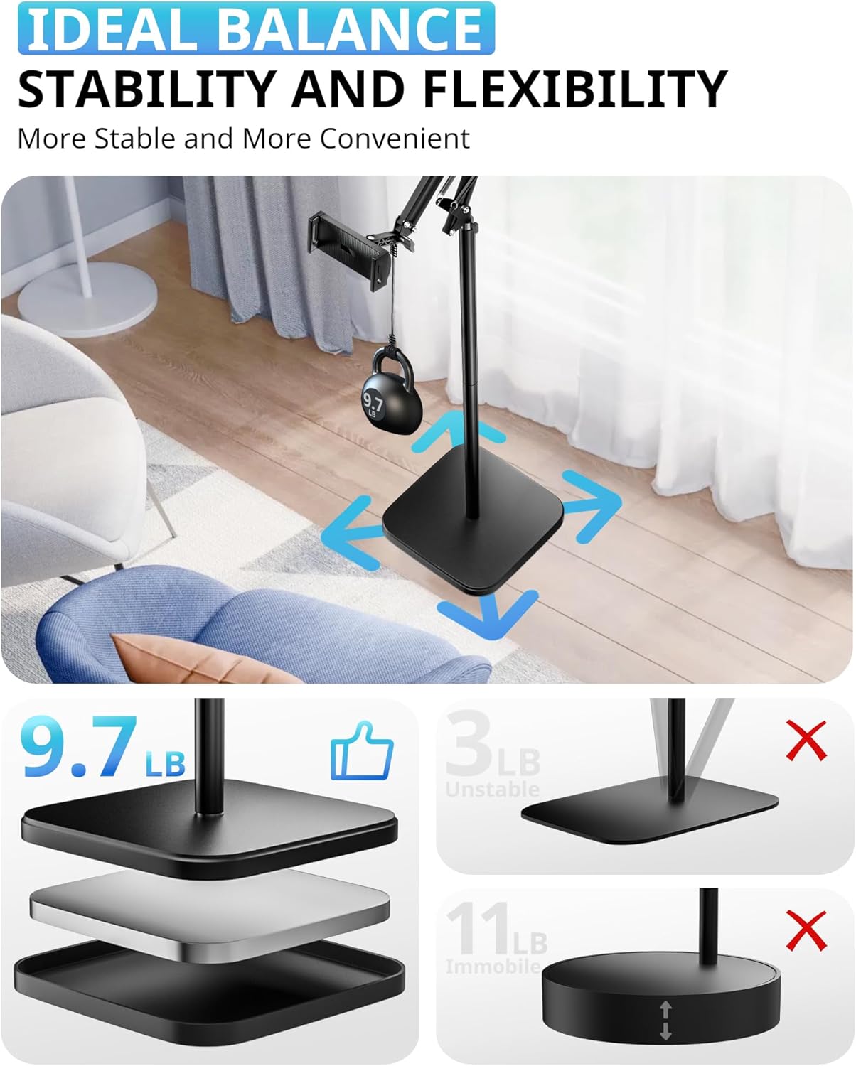 UBeesize Tablet Stand Holder for Bed & Floor, 9.7LB Heavy Duty Adjustable iPad Stand, 360° Swivel, Stretchable Arm, Compatible with iPad Pro Air Mini 12.9/9.7, Kindle, Cell Phones (4.9''-13'')