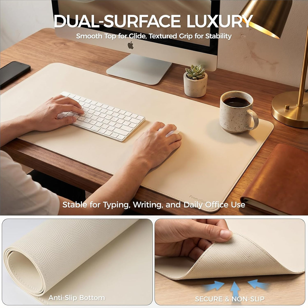 Large Desk Pad Non-Slip Desk Mat Protector for Keyboard Mouse Waterproof Vegan Leather Surface Faux Leather Laptop Mat Smooth Mouse Pad Premium Gift Tube Creamy White 23.6" x 13.7"