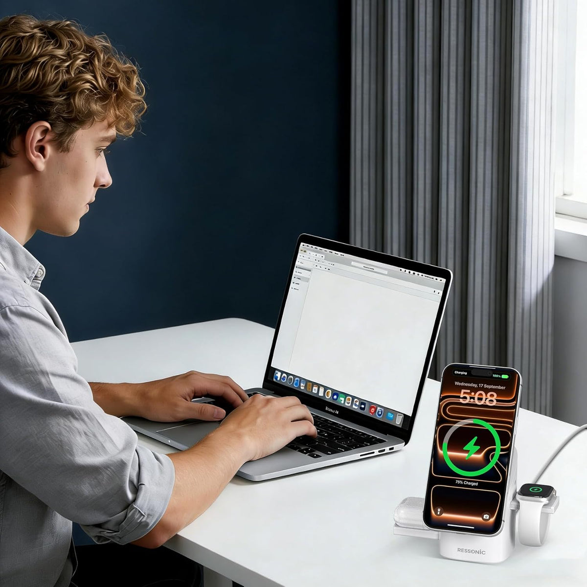 3 in 1 Wireless Charging Station for Apple & Samsung, 15W Fast Magnetic Wireless Charger Stand for Magsafe iPhone 17/16/15/14/13/12 Pro Max, Galaxy S25/24/23/22, AirPods, iWatch (with 30W Adapter)