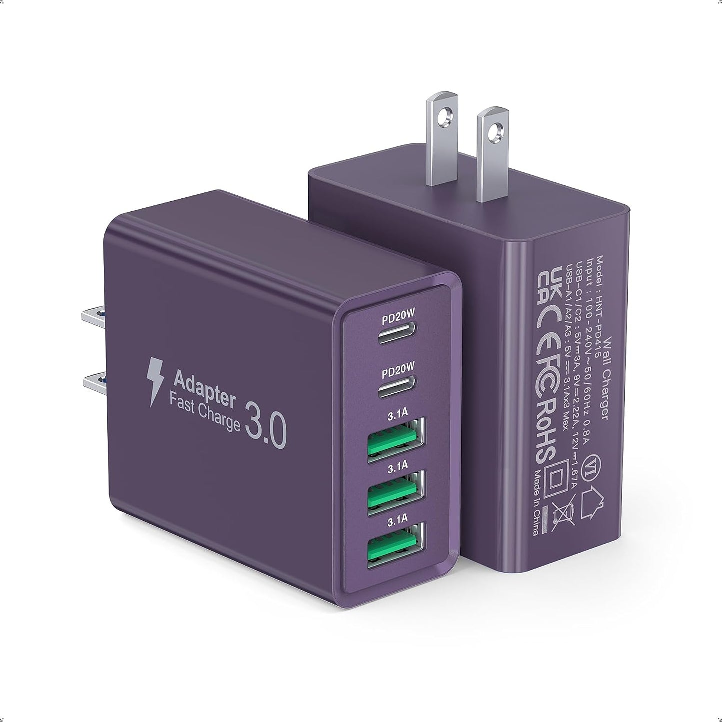 [2-Pack] USB C Wall Charger, 50W Charger Block 5-Port PD Fast Charging Blocks,Multiport 2USB C+3USB A Plug,Type C Power Adapter Brick Cube for iPhone 16/15/14/13/Pro,Samsung,for Switch（Purple）