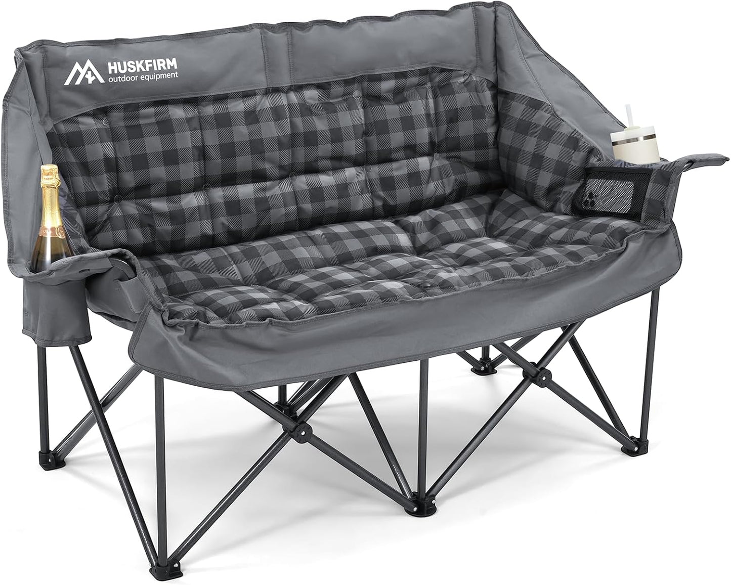 Double Camping Chair Padded 2 Person Camping Chair Camping Loveseat - Heavy Duty Oversized Camping Couch for Adults Outdoor Lawn Beach - Portable Folding Sofa with Cup Holders and Carry Bag, Grey