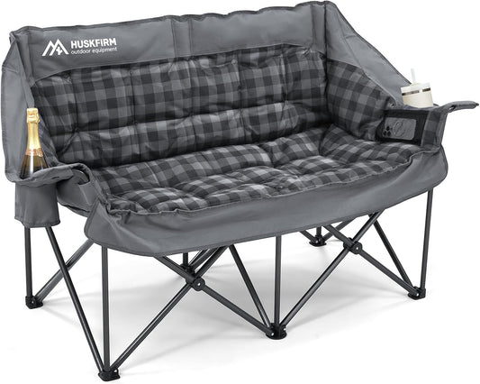 Double Camping Chair Padded 2 Person Camping Chair Camping Loveseat - Heavy Duty Oversized Camping Couch for Adults Outdoor Lawn Beach - Portable Folding Sofa with Cup Holders and Carry Bag, Grey