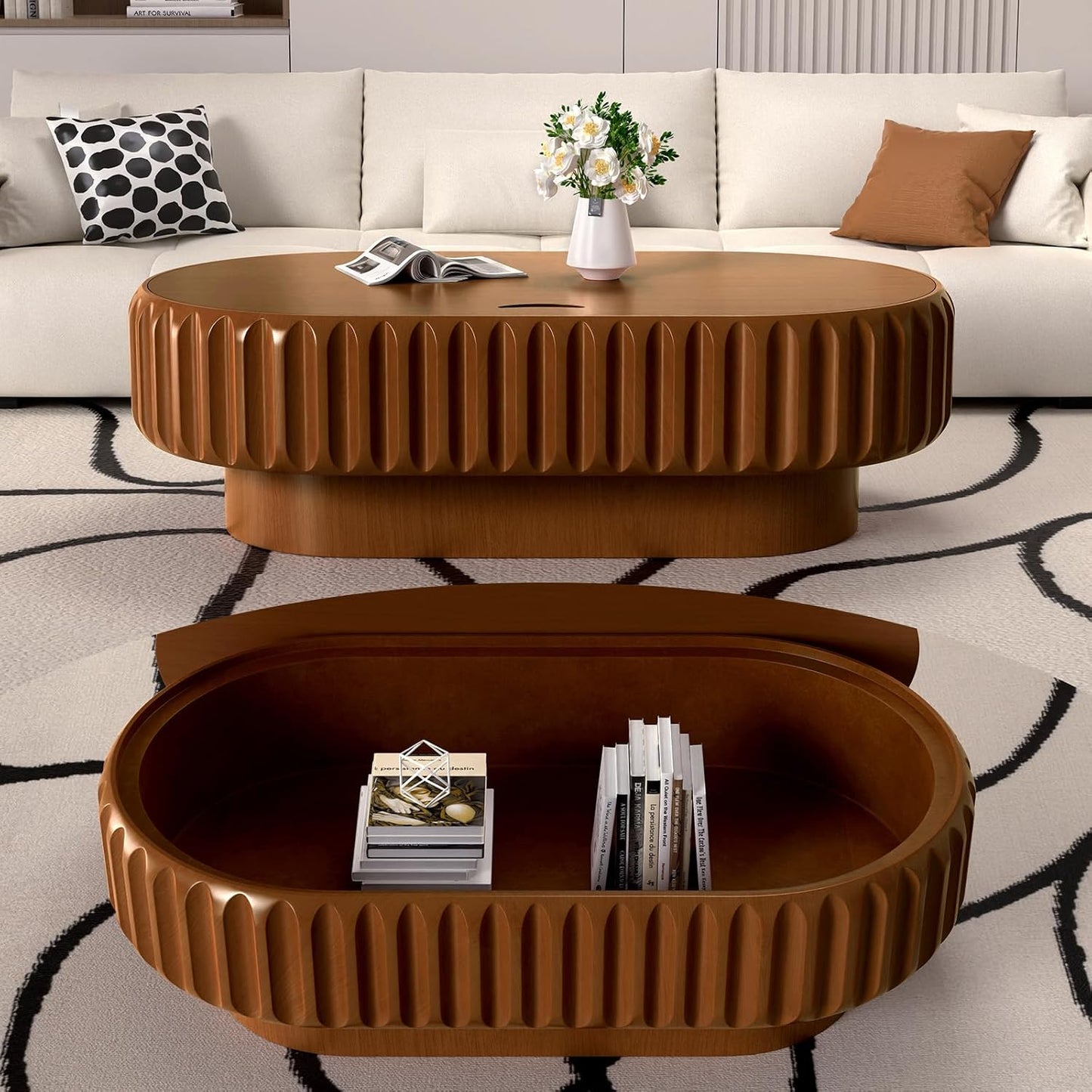 Mid Century Modern Oval Fluted Coffee Table with Storage (P) | Handcraft Drum Coffee Table, Sturdy Pedestal, Wood Veneer Top, for Living Room Reception Room Farmhouse