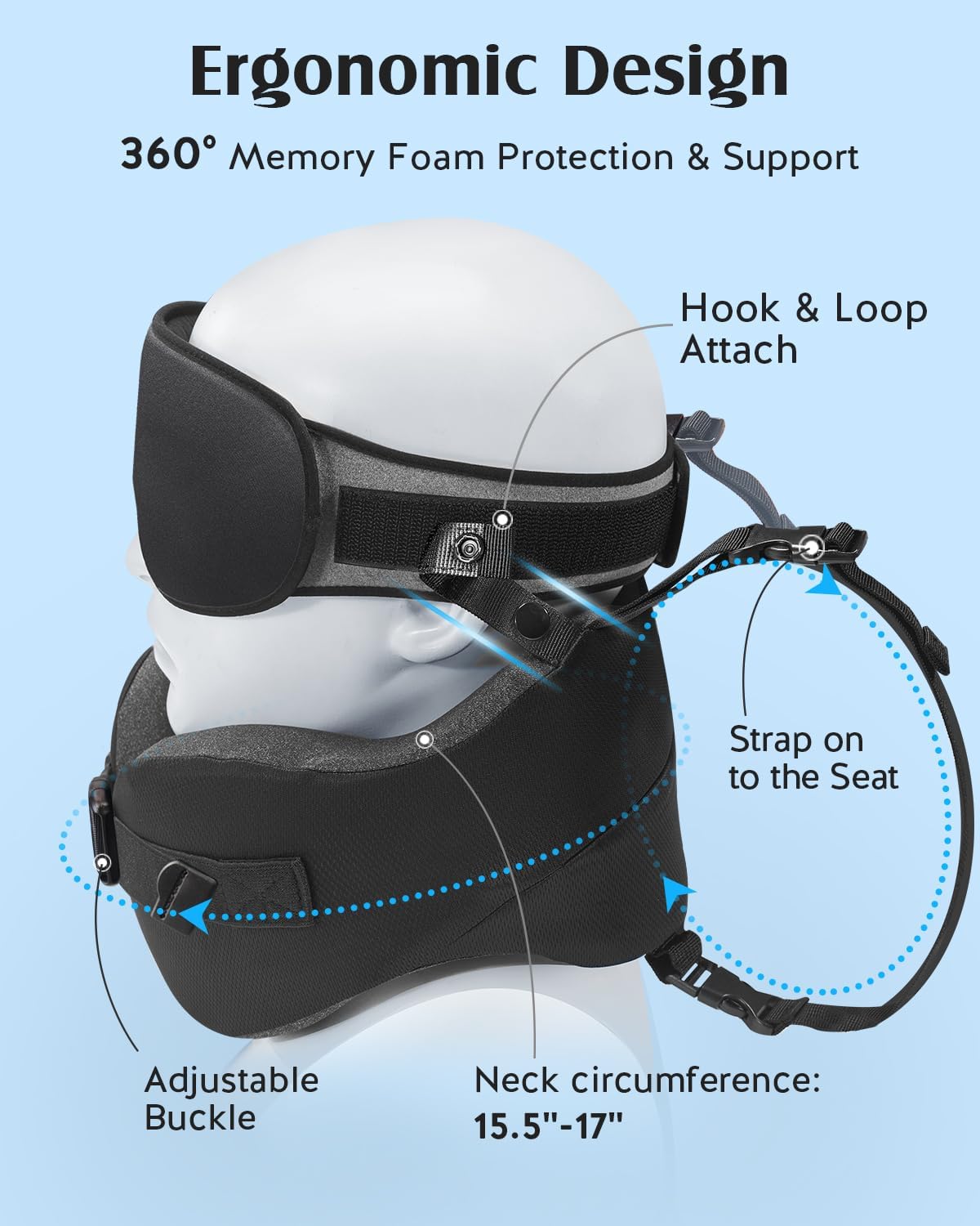YFONG Travel Pillow for Long Flight Airplane, Head Strap Combo with 3D Contoured Sleep Eye Mask, Neck Pillow for Travel Essential, 360° Support Memory Foam Headrest, Prevent Bobbing, Drawstrap - Black