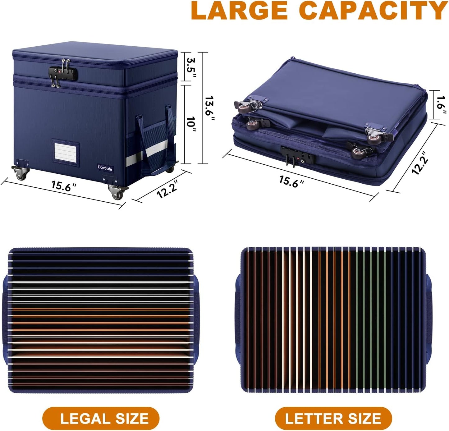 DocSafe File Box with Lock, 2-Layer Fireproof Document Box with Wheels,Collapsible File Storage Organizer with Pockets,Large Portable Office Filing Cabinet Hanging Folders,Blue,16''x13.8''x12.2''