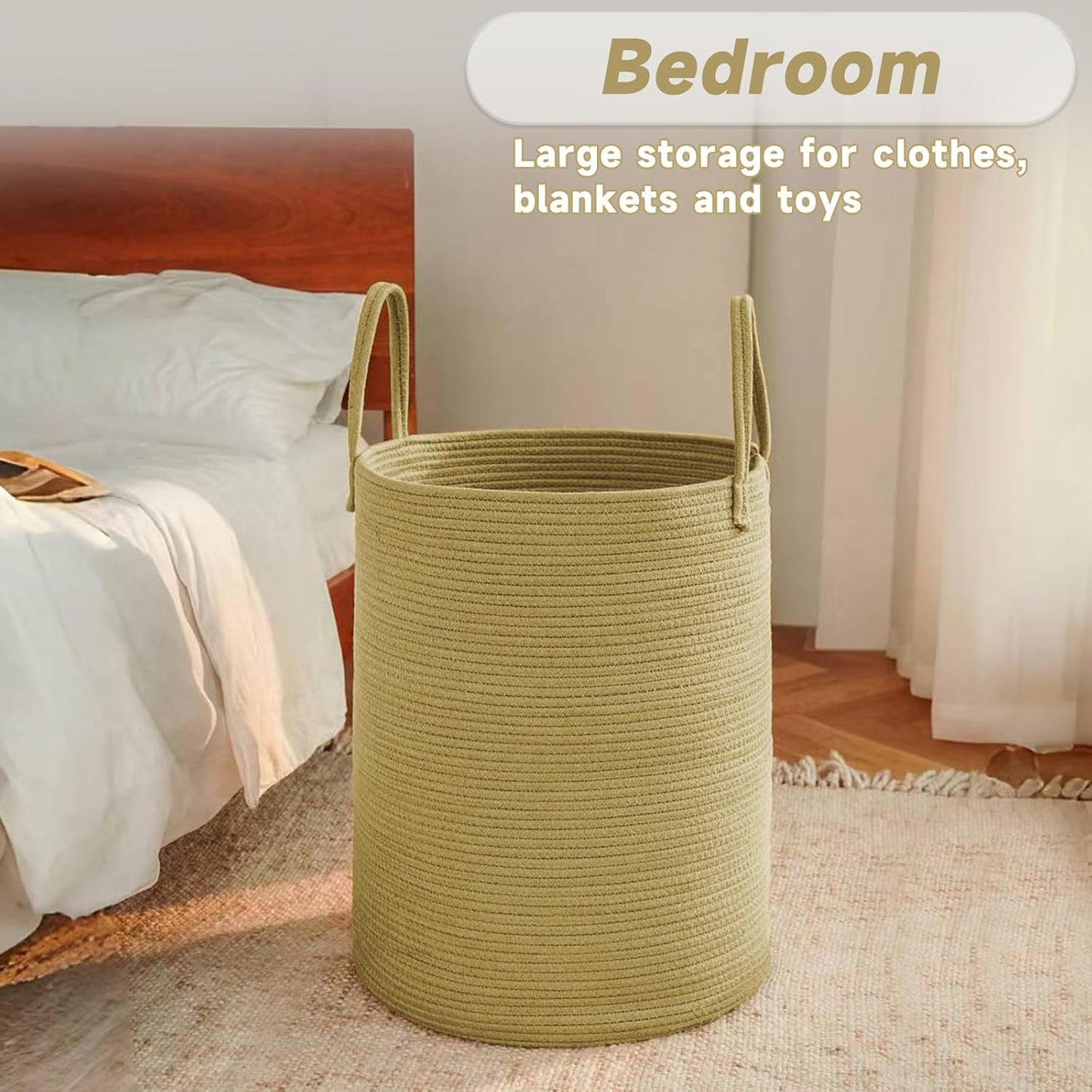 JMvicyroam Large Woven Laundry Basket Hamper,60L Cotton Rope Storage Bin for Blankets,Toys and Clothes,Decorative Tall Nursery Hamper for Living Room,Baby Nursery,Bathroom and Bedroom,Jute