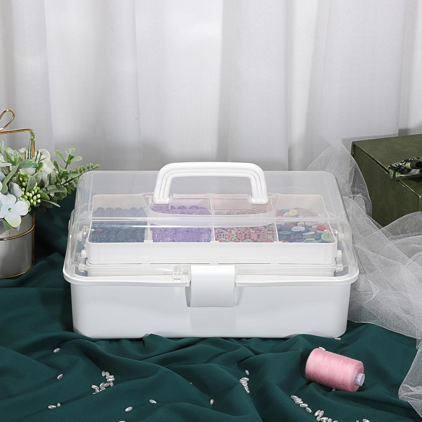 BTSKY 3-Layer Plastic Dividing Storage Box Craft Organizer with Adjustable Spacers Portable Handled Art Supply Organizer Multipurpose Home Utility Box for Medicine Box Sewing Box (Beige White)