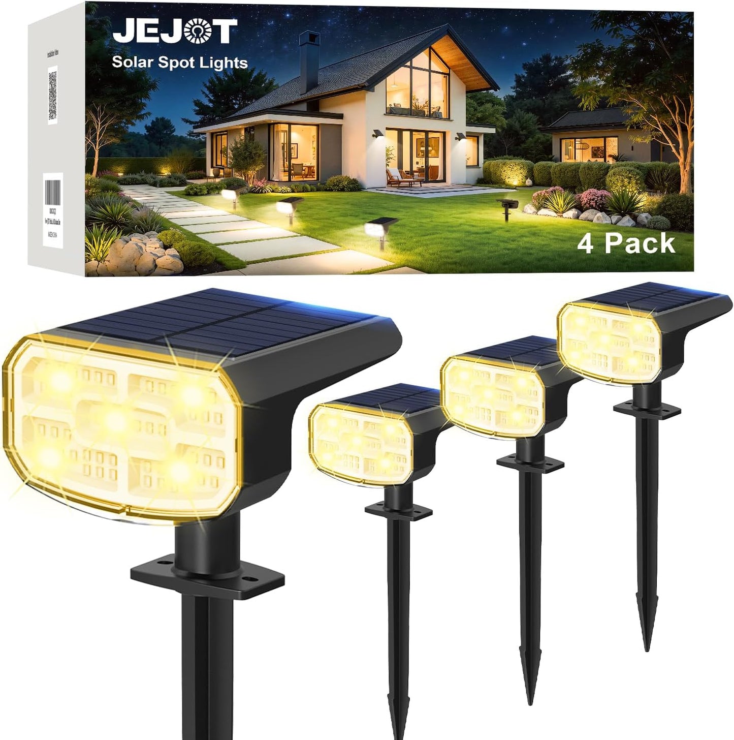 JEJOT Solar Lights Outdoor Waterproof IP65, Super Bright LED, 3000K 2 Lighting Modes, Solar Powered Yard Garden Solar Spot Lights for Outside Landscape Auto On/Off -4 Pack