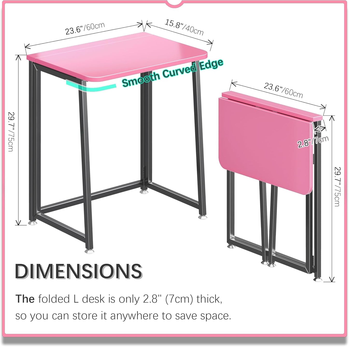 4NM 23.6" Mobile Small Folding Desk, Foldable Rolling Computer Home Office Desk, Study Writing Table for Small Space Saving Bedroom, with Wheels - Pink and Black