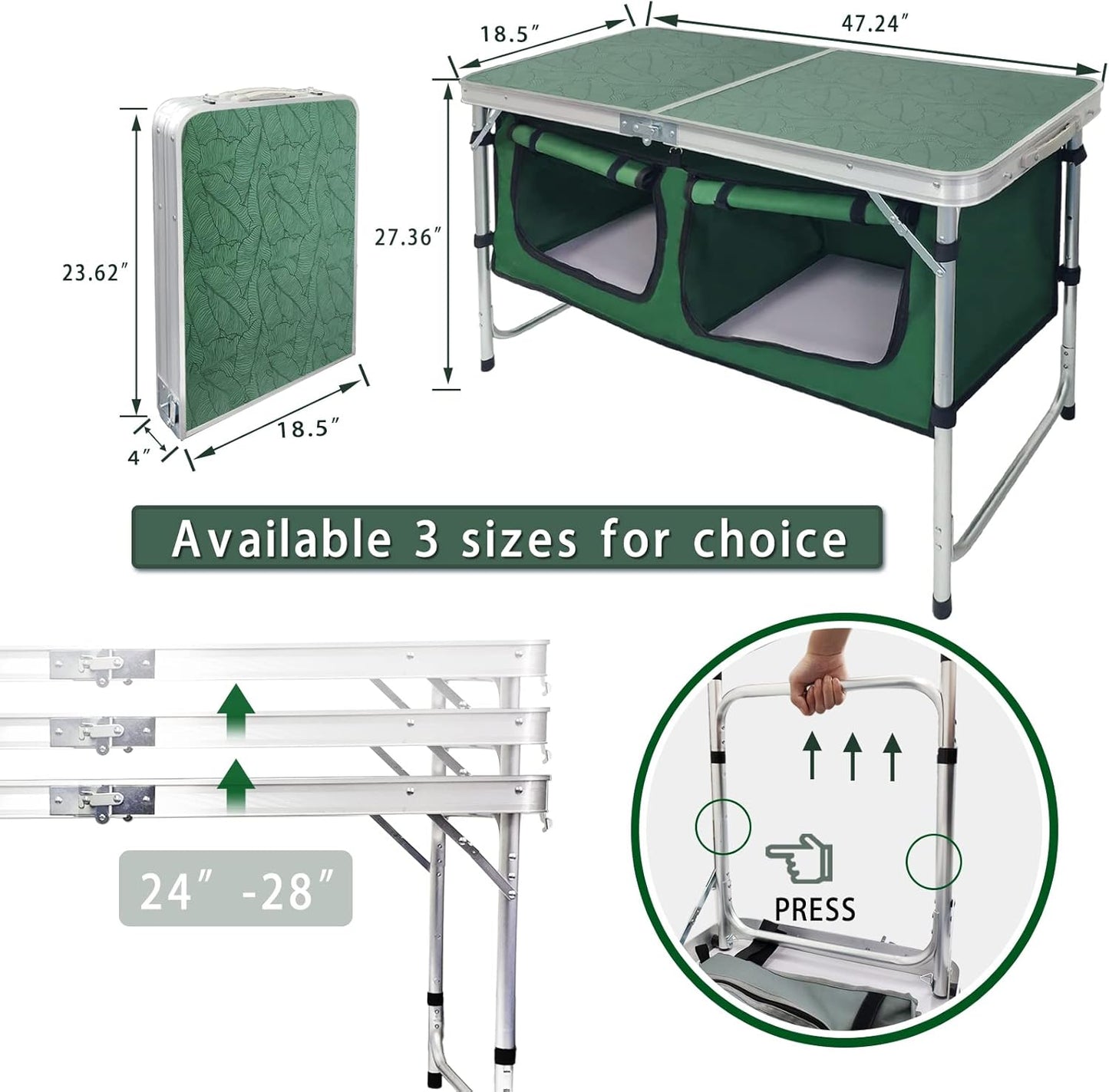 CampLand Outdoor Folding Table Aluminum Lightweight Height Adjustable with Storage Organizer for BBQ, Party, Camping