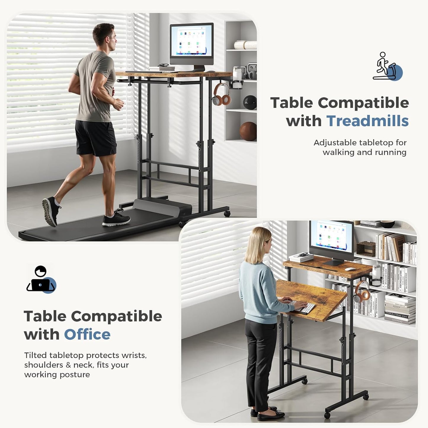 DUMOS Split Top Rolling Standing Desk, 23.6" Mobile Laptop Desk, Manual Height Adjustable Workstation on Wheels, Sit Stand Office Table, Walking Pad Study Desk, Rustic Brown