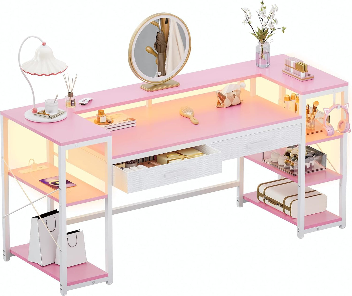 Pamray 58 Inch Computer Desk with Monitor Stand and Shelves Gaming Desk with LED Lights & Power Outlets PC Vanity Table with 2 Drawers for Home Office Pink