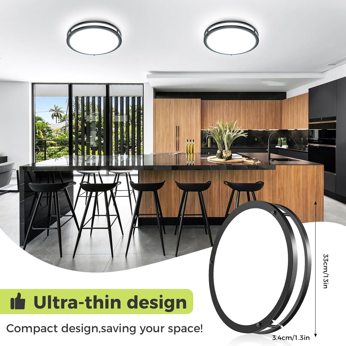 hepside 13inch Flush Mount Ceiling Light Fixture 2 Pack, Dimmable & 5 Color Temperatures Ceiling Light Black, 24W 3000K 3500K 4000K 5000K 6500K Adjustable Ceiling Lamps for Bathroom Bedroom Hallway