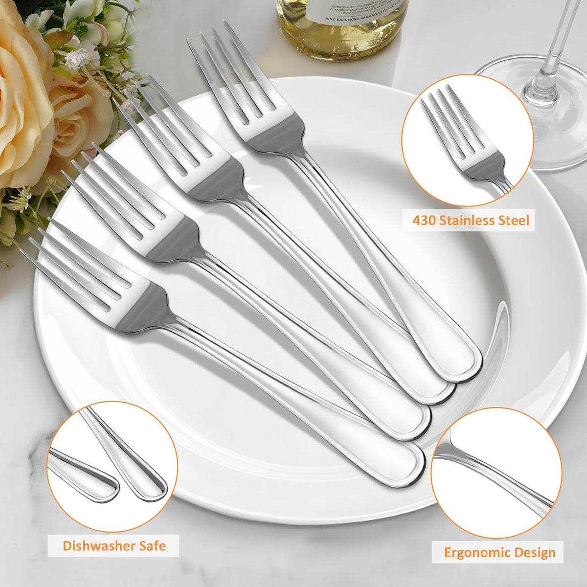 KOOMADE Dinner Fork Set -12 PCS Silver 18/0 Premium Food Grade Stainless Steel Flatware Salad Forks， Durable Metal Forks Silverware, Mirror Polished & Dishwasher Safe for Home, Kitchen, Restaurant