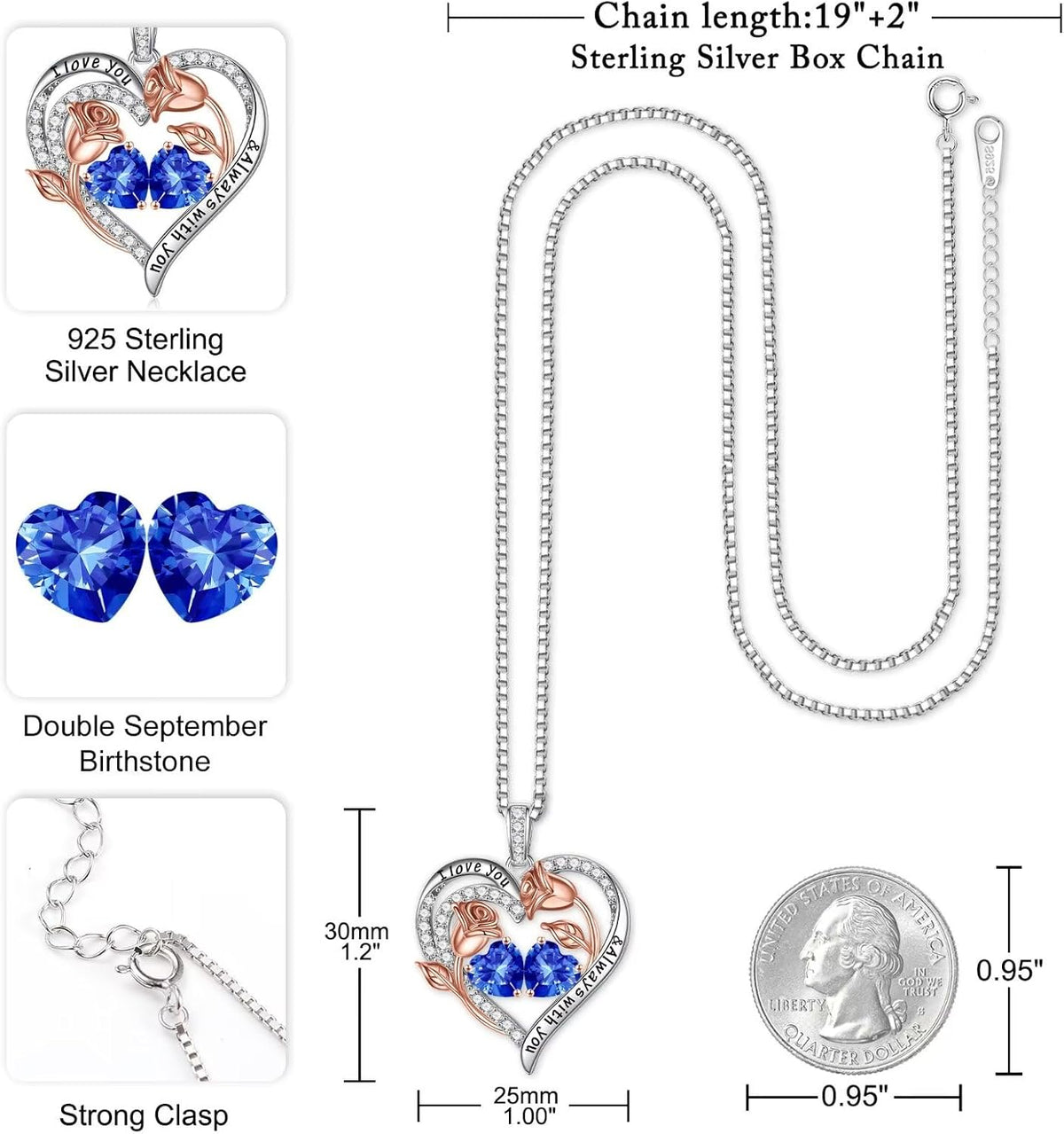 Iefil Birthstone Necklace for Women - Rose Heart Necklace