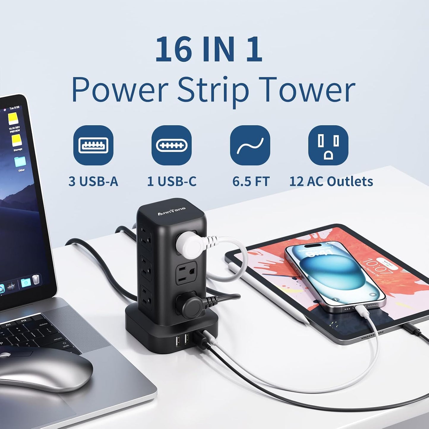 AnnTane Power Strip 6.5 FT Cord, Power Strip Tower with 4 USB Ports (1USB C), Extension Cord with 12 AC Multiple Outlets, Home Office Supplies Desk Accessories, Dorm Room Essentials