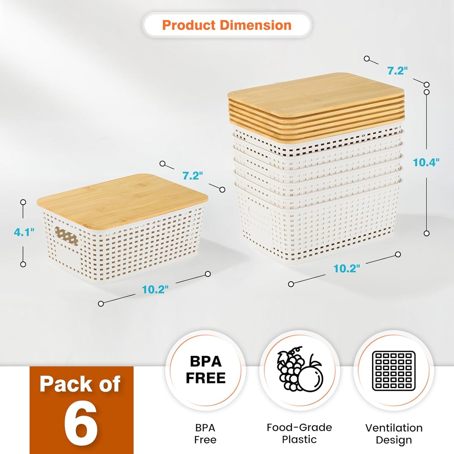 Ohmlove 6 Pack Plastic Storage Baskets with Bamboo Lids for Organization | Stackable Storage bins, Storages Baskets for Organizing Shelves Drawers Desktop Closet Playroom Classroom Office, Cream White