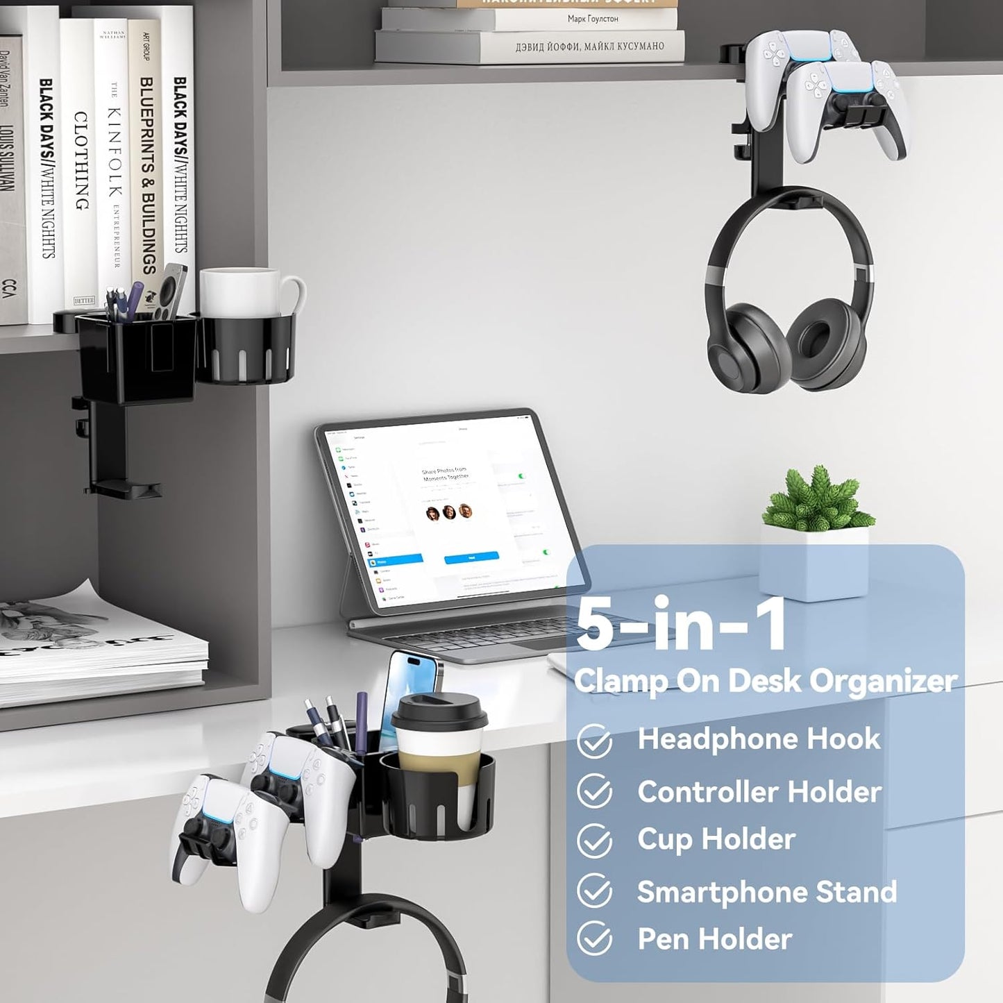 KDD 5 in 1 Desk Controller Holder - Rotating Headphone Hanger with Cup Holder - Clamp On Desk Organizer Holds Controller, Headphone, Cup, Mobile Phone and Pen(Black)