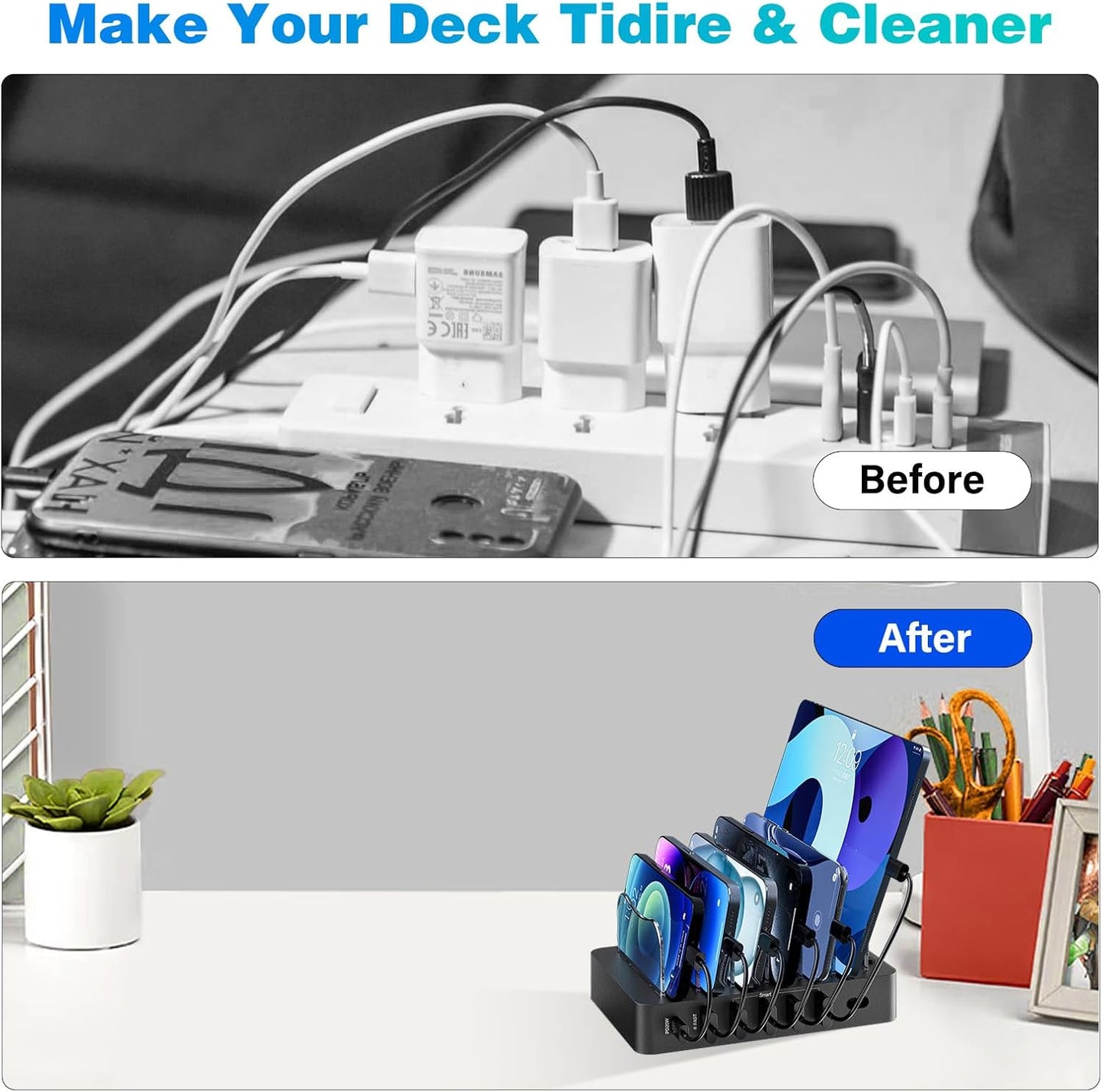 Charging Station for Multiple Devices 68W 6 Port Phone Charger Dock with 6 Cables, 20W Black Fast Charging Station Compatible with Apple Cellphone iPad iPhone Tablet(Black)