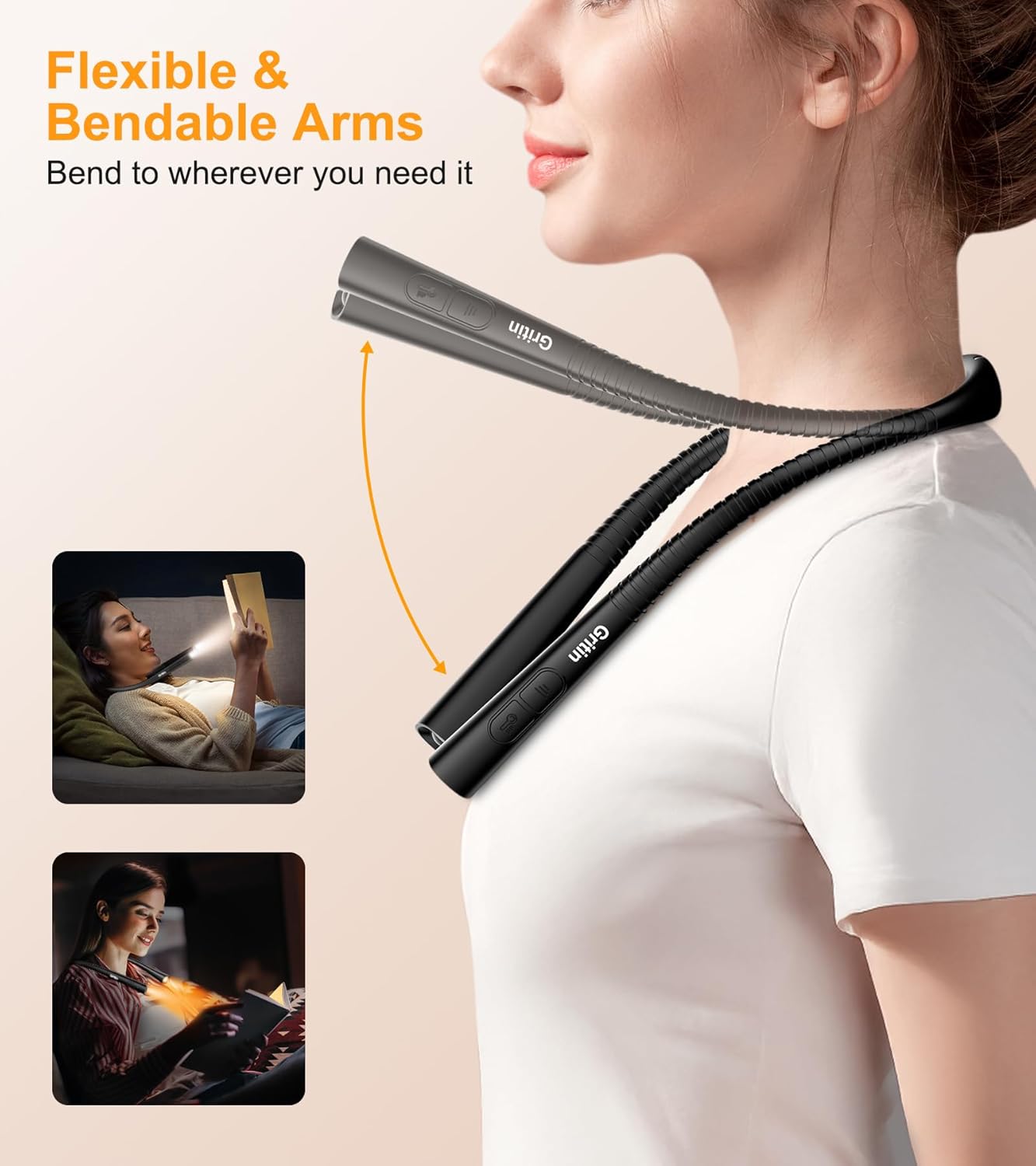 Gritin Book Light, Eye Caring 4-Color & 5-Brightness Neck Light Reading Light- Stepless Dimming,30-min Timer,80+ Hrs Runtime,Bendable Round Neck Design, Lightweight for Reading-Black